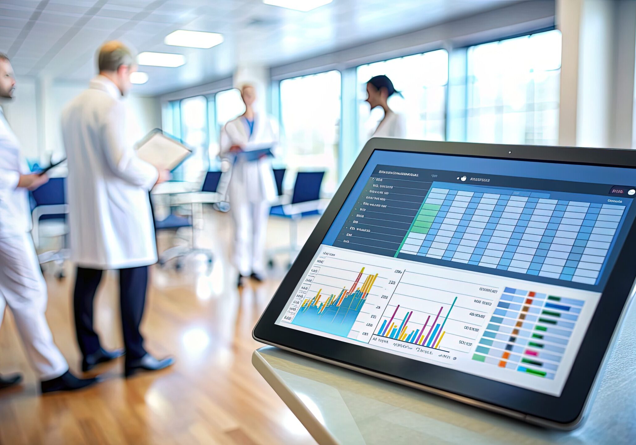 Modern clinic management software displayed on a tablet screen with a blurred hospital background, showing charts, schedules, and patient records for efficient administration.