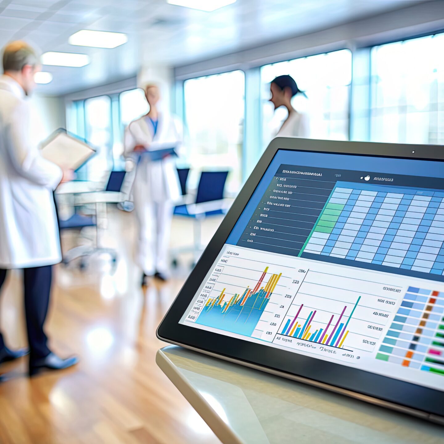 Modern clinic management software displayed on a tablet screen with a blurred hospital background, showing charts, schedules, and patient records for efficient administration.